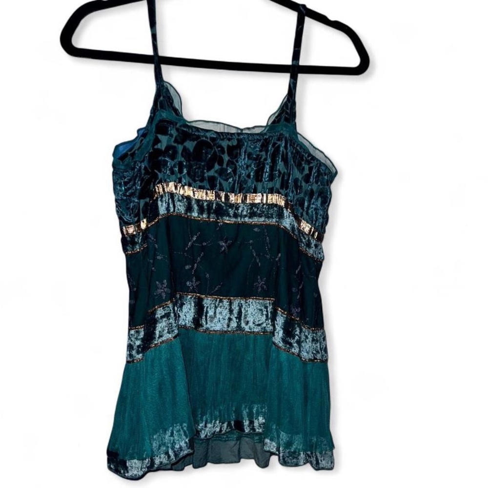 Next Euro Teal velvet cami tiered top with gold trim, sequins and ruffles - Picture 2 of 4